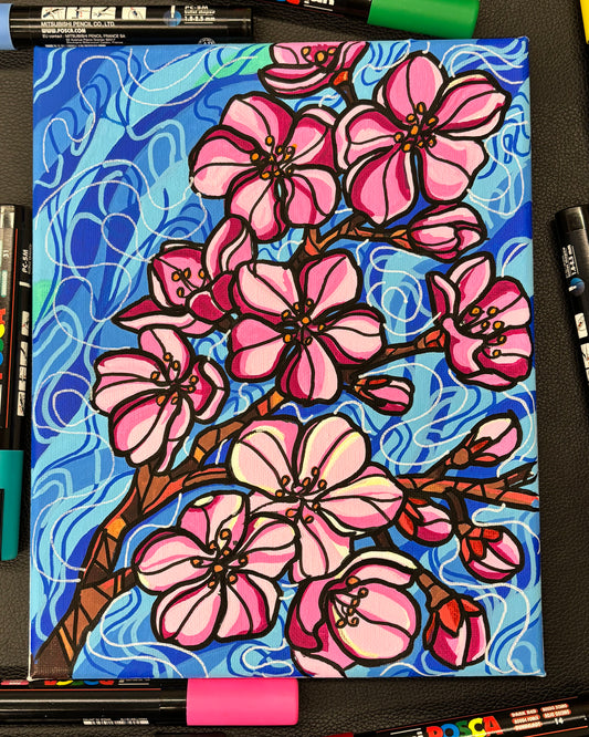 Colorful illustration of pink flowers on a blue background, surrounded by art supplies.
