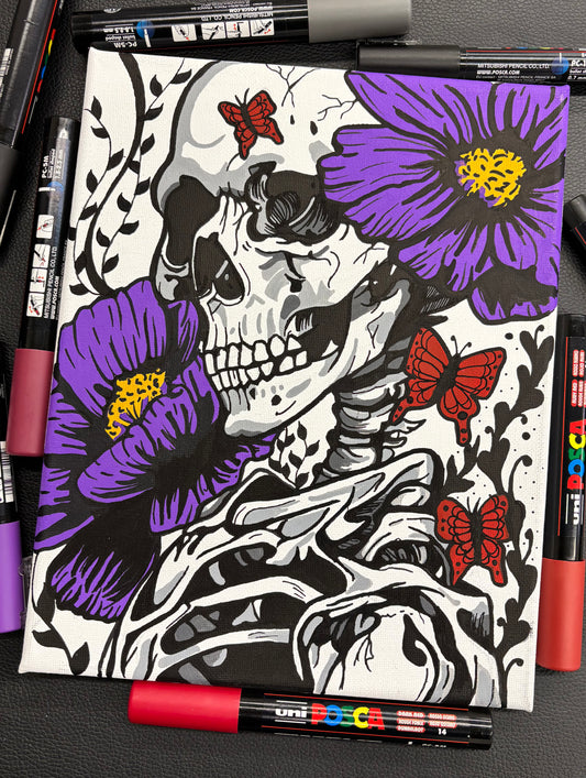 Abstract skeleton painting with purple flowers on 8x10 canvas
