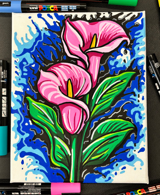 Colorful drawing of pink flowers on a blue background with Uni Posca markers.