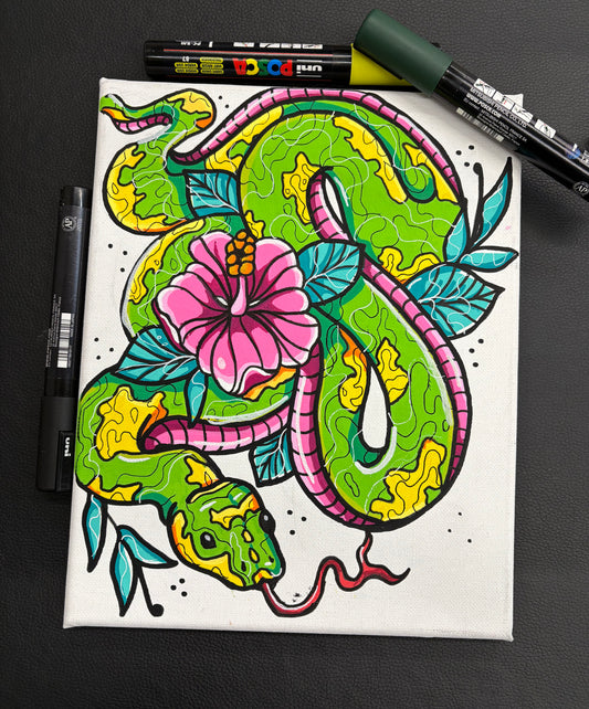 colorful abstract painting of a green snake with pink hibiscus flower and leaves