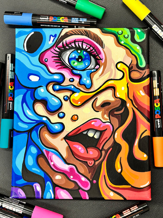 Colorful abstract art piece on paper with markers around